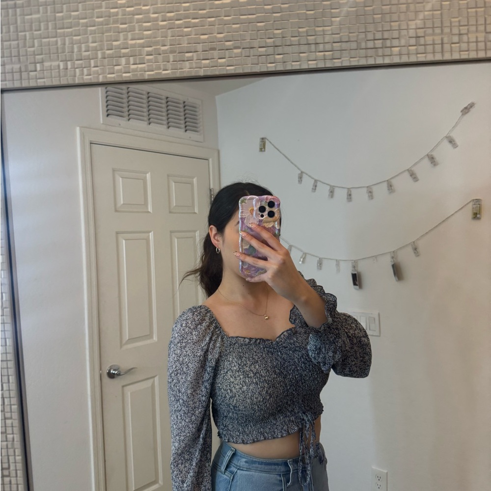 Gray Smocked Tie Front Crop Blouse